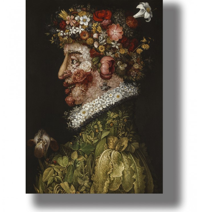 Mannerist portrait of a woman in profile made from flowers, blossoms, leaves and spring vegetation.