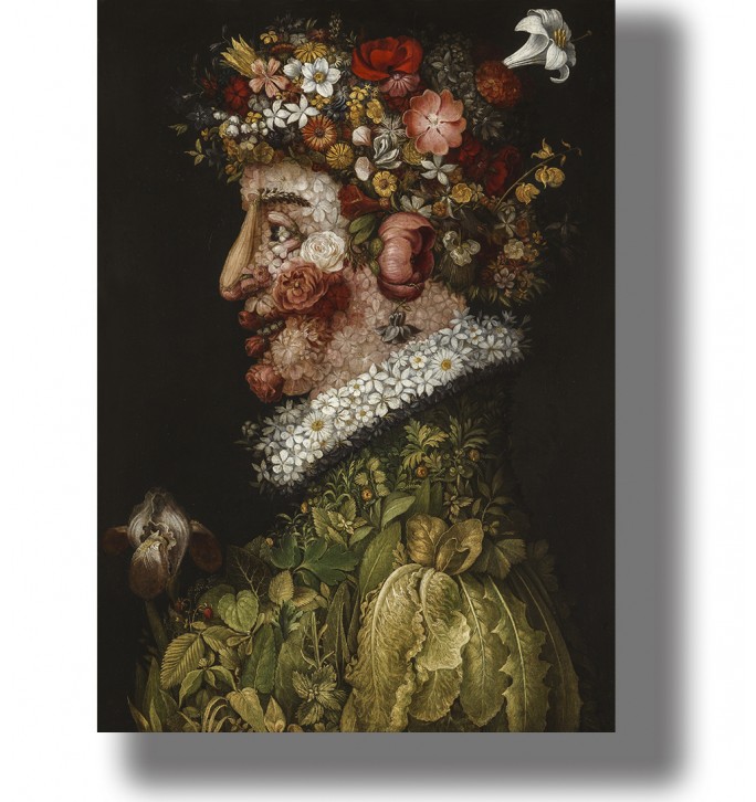 Mannerist portrait of a woman in profile made from flowers, blossoms, leaves and spring vegetation.