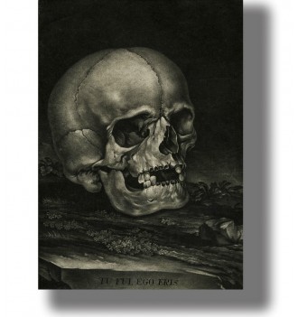 Dark antique image showing a human skull above the words Tu Fui, Ego Eris.
