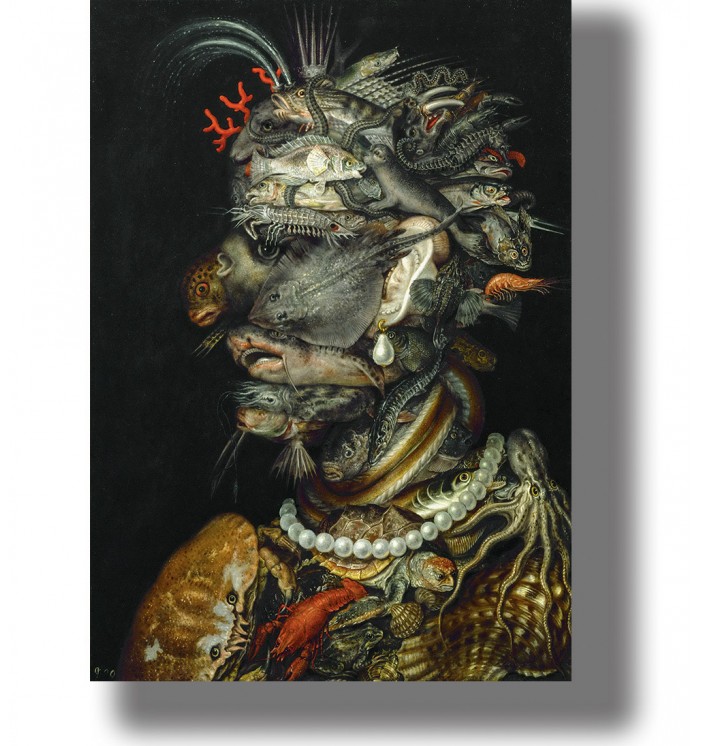 Mannerist portrait with a face assembled from fish, crustaceans, shells and unusual marine animals.