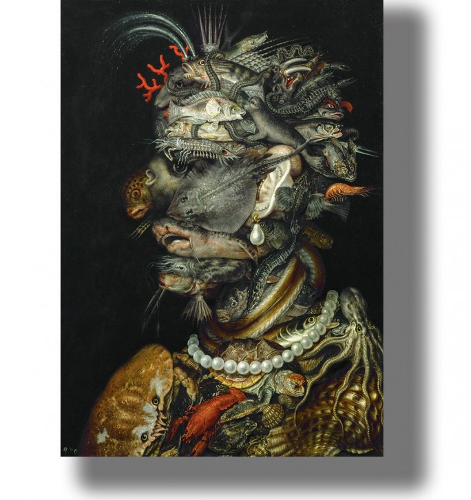 Mannerist portrait with a face assembled from fish, crustaceans, shells and unusual marine animals.