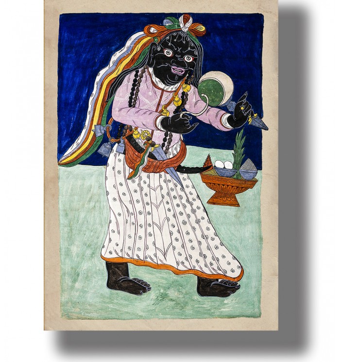 Antique Tibetan painting showing a black dMu demon holding a ritual drum beside offerings.