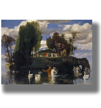 Symbolist landscape showing a green island surrounded by water, with swans, bathers, palm trees and groups of people.
