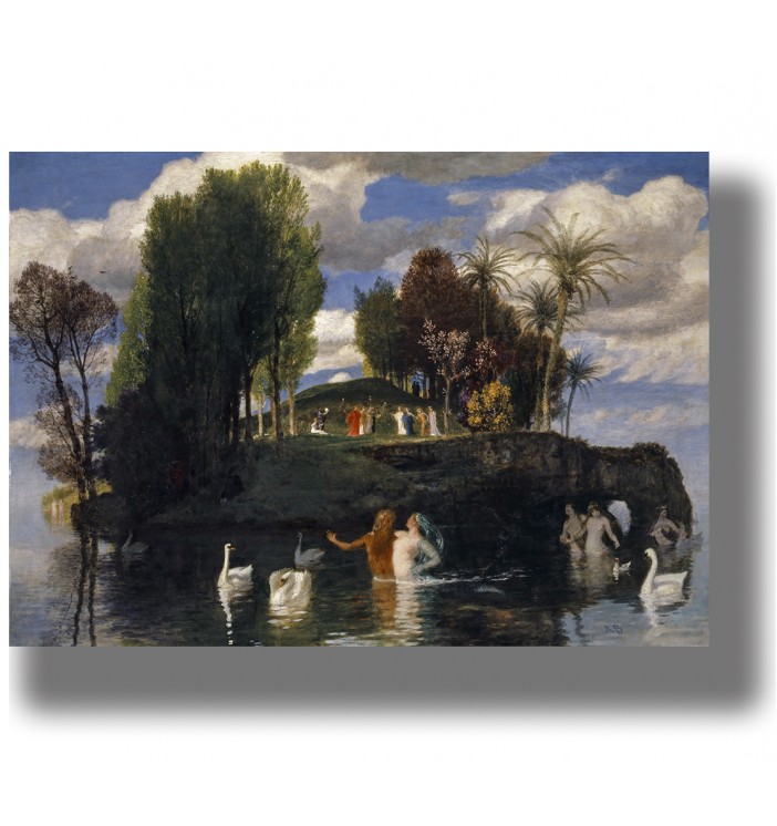 Symbolist landscape showing a green island surrounded by water, with swans, bathers, palm trees and groups of people.