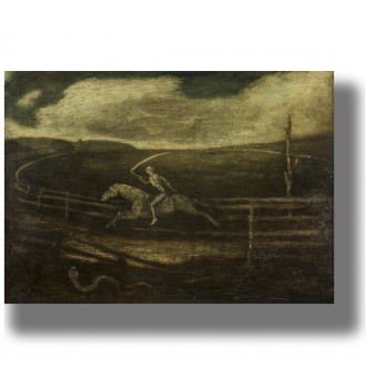 Dark painting showing a skeletal Death riding a pale horse around an empty race track with a scythe.