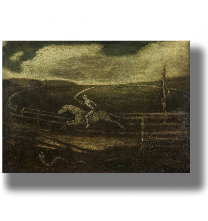 Dark painting showing a skeletal Death riding a pale horse around an empty race track with a scythe.