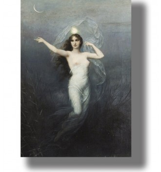 Ethereal woman in white drapery in a misty night landscape with a crescent moon