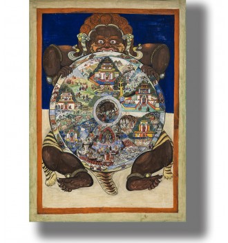 Tibetan Buddhist image showing Yama holding the Wheel of Life filled with people, animals, and different realms.