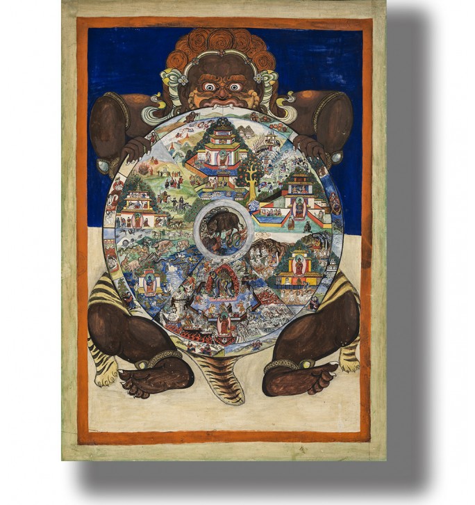 Tibetan Buddhist image showing Yama holding the Wheel of Life filled with people, animals, and different realms.