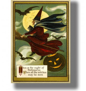 Vintage Halloween postcard with a witch flying on a broom, a black cat, bats, moon, and jack-o’-lantern.