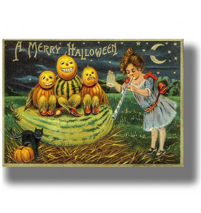 Vintage Halloween postcard showing three pumpkin-headed figures, a girl with a horn, and a black cat under the moon.