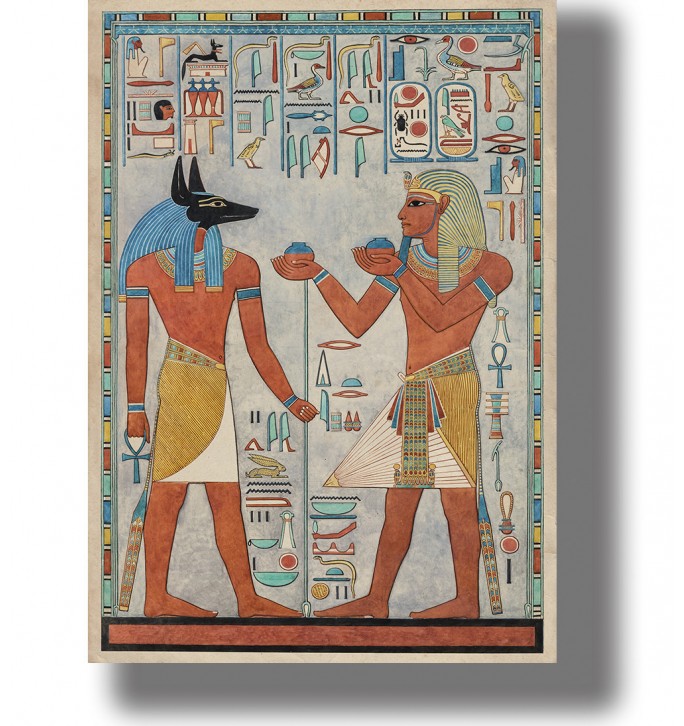 Ancient Egyptian illustration showing jackal-headed Anubis standing beside a pharaoh with hieroglyphs around them.