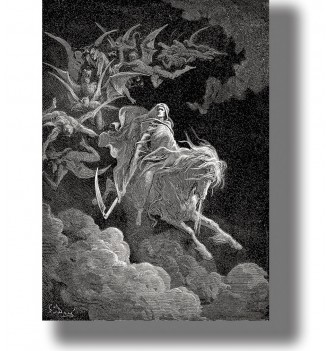 Gustave Doré engraving of Death riding a pale horse through dark clouds with demons around him.