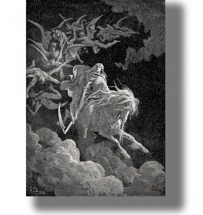 Gustave Doré engraving of Death riding a pale horse through dark clouds with demons around him.