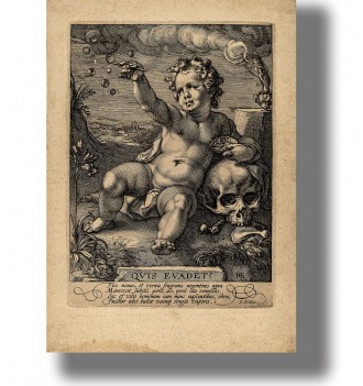 Vanitas illustration of a young child blowing bubbles beside a large human skull.