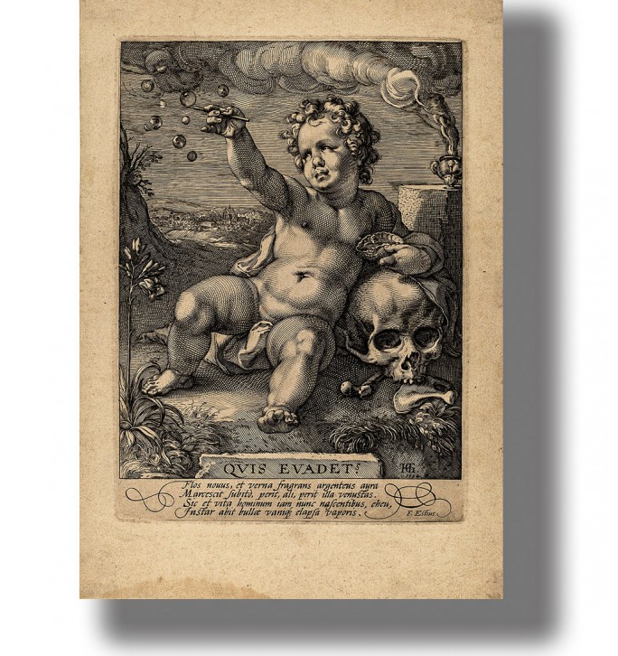 Vanitas illustration of a young child blowing bubbles beside a large human skull.