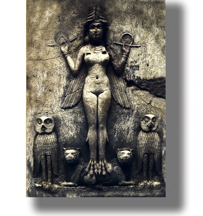 Ancient relief of a winged female figure with owls and lions, often associated with Lilith or the Queen of the Night.
