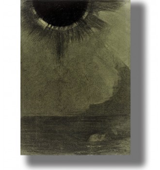 Dark seascape poster with a black eclipse-like sun above the water and a pale drowned face near the surface.
