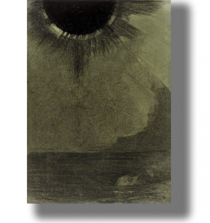 Dark seascape poster with a black eclipse-like sun above the water and a pale drowned face near the surface.