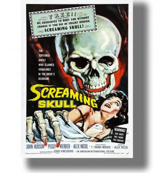 Colorful vintage poster with a giant skull, skeletal hand, and terrified woman beneath it.
