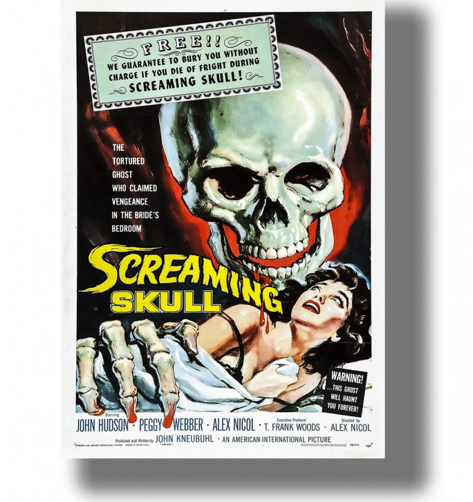 Colorful vintage poster with a giant skull, skeletal hand, and terrified woman beneath it.