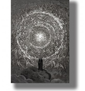 Black-and-white Gustave Doré illustration of Dante and Beatrice standing on clouds before a radiant circle of angels in Heaven.