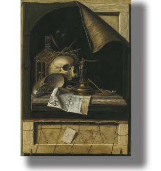 Vanitas still life with a human skull, candle, papers, and other symbolic objects in a dark interior.