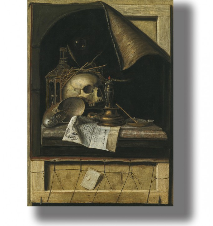 Vanitas still life with a human skull, candle, papers, and other symbolic objects in a dark interior.