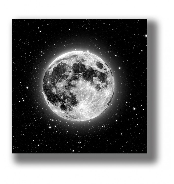 Detailed full Moon glowing against black space and surrounded by hundreds of bright stars.