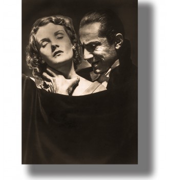 Black and white movie scene with Bela Lugosi as Dracula leaning over a woman and holding her by the neck.