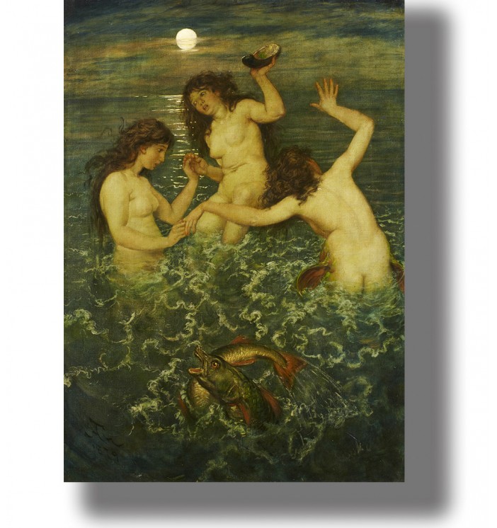 Three nude mermaids in a moonlit sea with splashing waves and a fish in the foreground, vintage painting reproduction