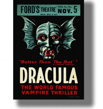Vintage Dracula theater poster with a bat-like vampire face and bold red and white lettering.