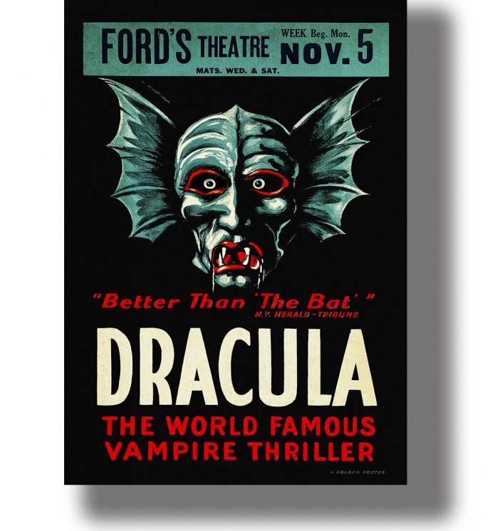 Vintage Dracula theater poster with a bat-like vampire face and bold red and white lettering.