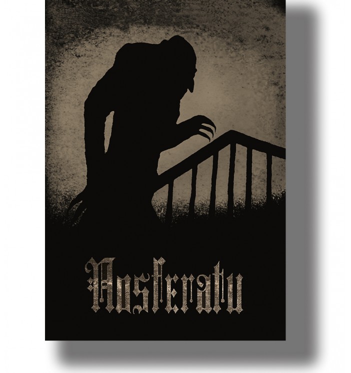 Nosferatu silhouette climbing a staircase with a hunched body, long clawed fingers and a distressed sepia background