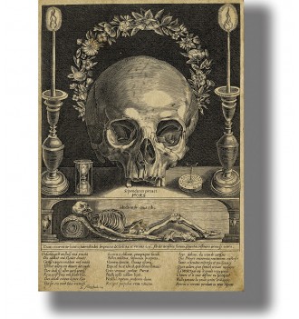 Large human skull, candles and an hourglass above a skeleton lying in a tomb with an owl, bat and other symbols of death.