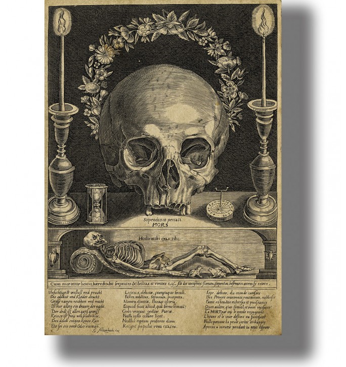 Large human skull, candles and an hourglass above a skeleton lying in a tomb with an owl, bat and other symbols of death.