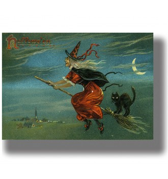 Vintage Halloween postcard showing a witch and black cat flying on a broom under a crescent moon.