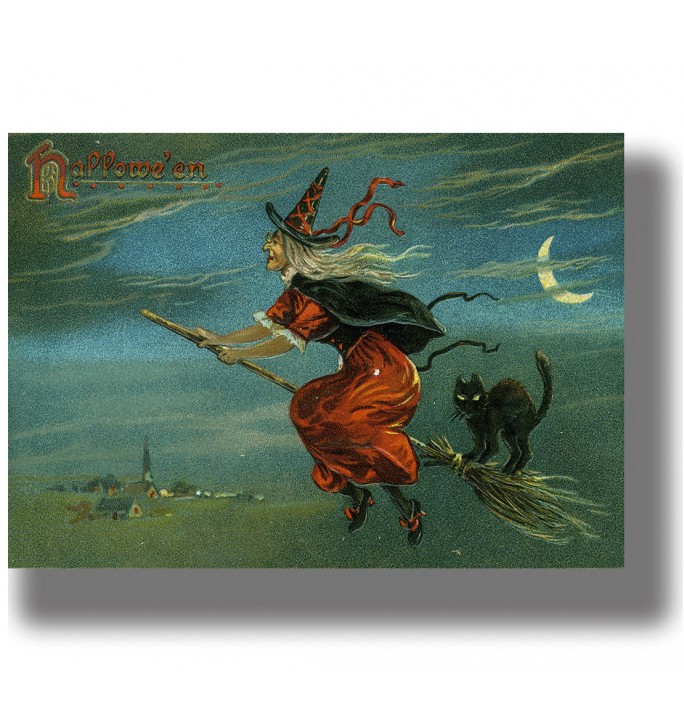 Vintage Halloween postcard showing a witch and black cat flying on a broom under a crescent moon.