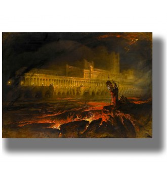 Painting of Pandemonium by John Martin, showing a dark infernal landscape with flames, smoke, and the city of Hell.