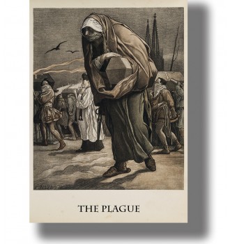 Mother carrying her child’s coffin in a funeral procession during a plague epidemic, with mourners walking behind her.