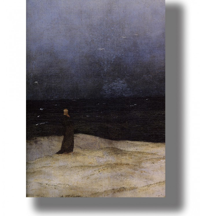A painting of a lone figure standing on a sandy shore, looking at a dark sea under a cloudy sky.