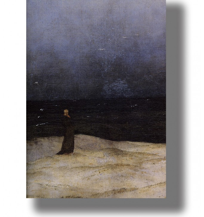 A painting of a lone figure standing on a sandy shore, looking at a dark sea under a cloudy sky.