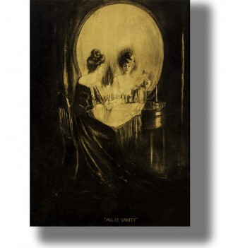 Woman sitting at a dressing table and looking into a large mirror, with the entire scene forming the illusion of a human skull.