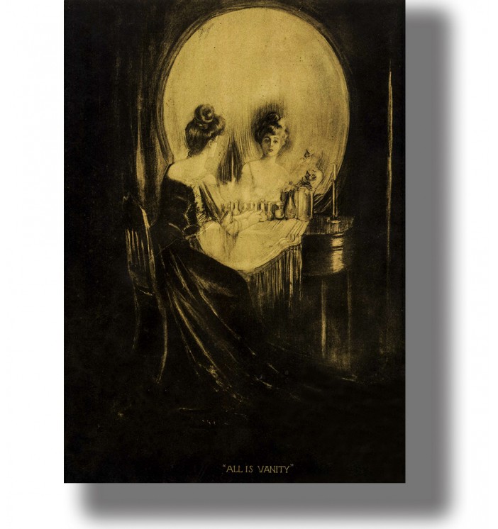 Woman sitting at a dressing table and looking into a large mirror, with the entire scene forming the illusion of a human skull.