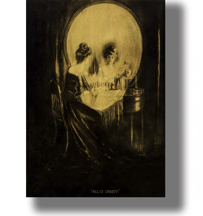 Woman sitting at a dressing table and looking into a large mirror, with the entire scene forming the illusion of a human skull.