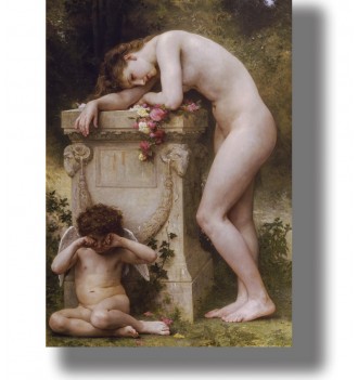 Nude woman resting against a stone pedestal with flowers while a small winged Cupid sits below covering his face.