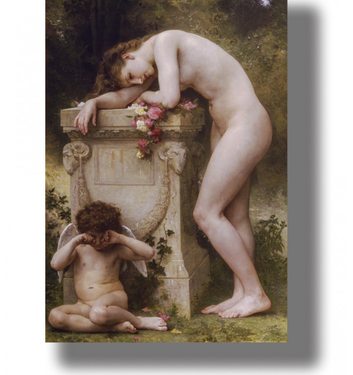 Nude woman resting against a stone pedestal with flowers while a small winged Cupid sits below covering his face.