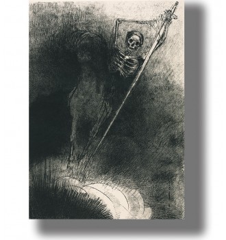 Black and white Symbolist illustration of skeletal Death with a long spear emerging from darkness.