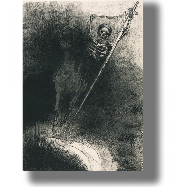 Black and white Symbolist illustration of skeletal Death with a long spear emerging from darkness.