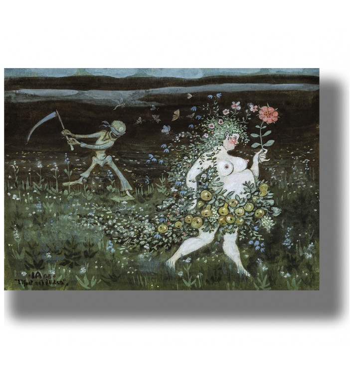 Painting of a flower-covered woman walking through a field while a skeleton with a scythe follows behind.